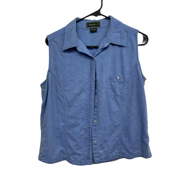Eddie Bauer Blue Sleeveless Button Down Shirt Women's L Classic Outdoor Core - Picture 1 of 8
